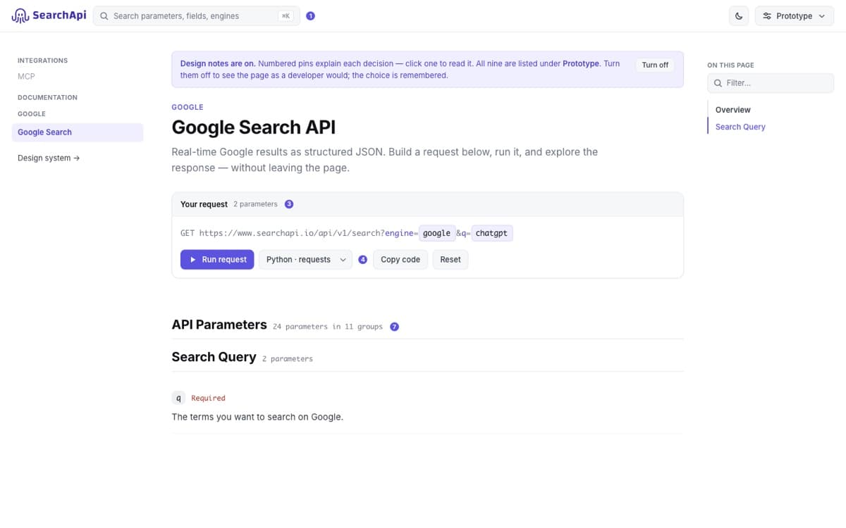 Interactive API docs concept, home page